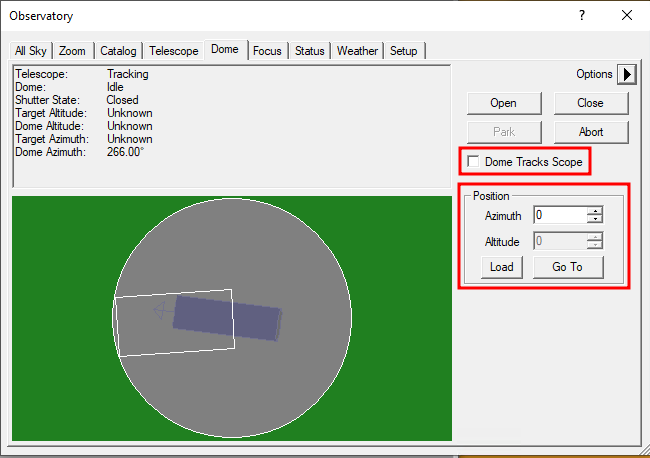  Dome tab in the Observatory control window 