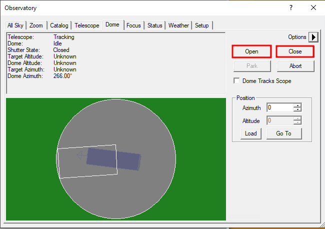  Dome tab in the Observatory control window 