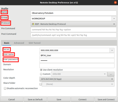 Remmina: Profile configuration window